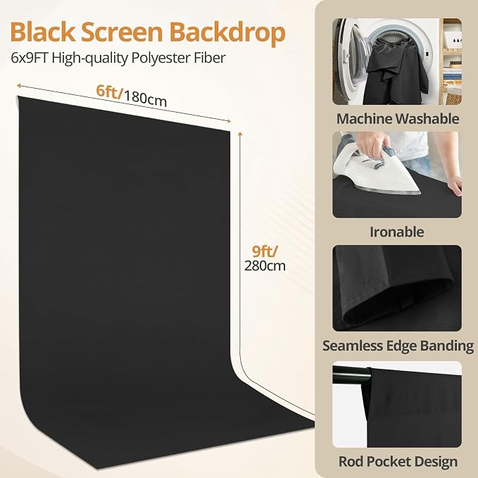 10x7ft Photo Backdrop Stand Kit with 6x9ft Black Backdrop Screen | Portable Photography Frame, Adjustable Support kit with 6 Clamps, Carry Bag for Photo, Video Recording, Streaming, Decoration - Image 2