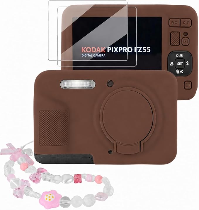 Camera Case for Kodak PIXPRO FZ55 with 2-Pack Screen Protector | Cute Charm Wrist Strap, Soft Silicone Protective Case with Removable Lens Cap for Kodak FZ55 Accessories - Coffee Brown by Seltureone