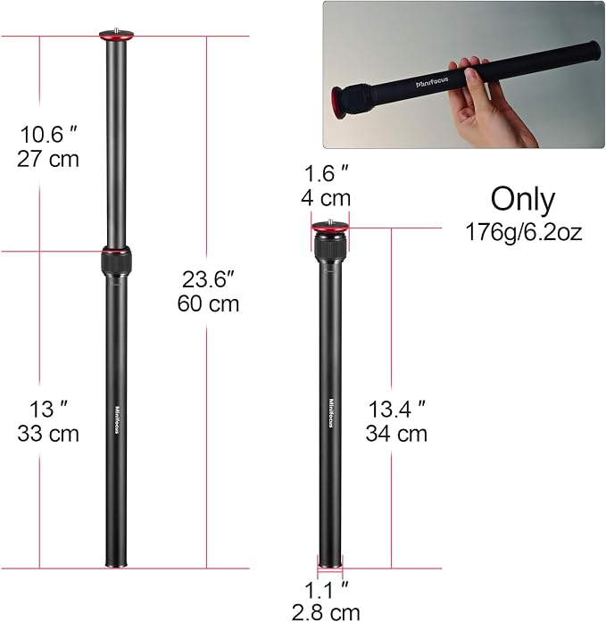 MINIFOCUS Tripod Extension, 2 Section Center Columns, 23.4" Alloy Aluminum Tripod Extender Tube Telescopic Stick Rod/Pole with 1/4" 3/8" Screw, Compatible with Tripods/Gimbal/Camera, Max Load 33lb - Image 3