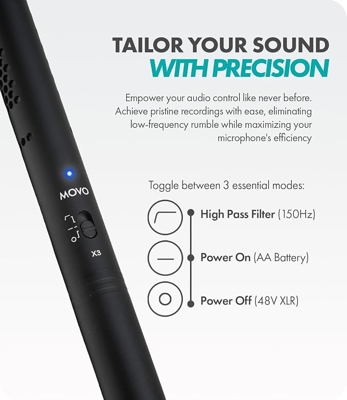 Movo X3-II Shotgun Microphone for Camera – 11” XLR Supercardioid Boom Mic for Filmmaking, DSLR Video, Interviews & Content Creation – Includes Rycote Shockmount, Grip & XLR Cables - Image 5