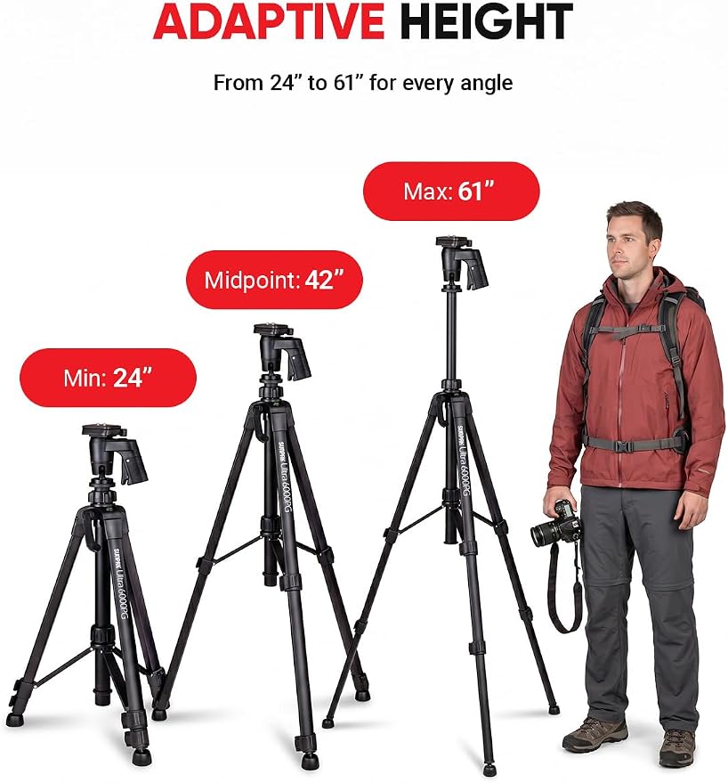 Sunpak 61" Aluminum Video & Camera Tripod with Pistol Grip Ball Head Stand | Lightweight, durable 61" tripod with self-leveling rubber feet, bull's-eye level, and geared center column. - Image 2