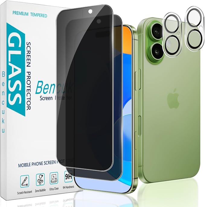 2+2 Pack Privacy Screen Protector for iPhone 17 Tempered Glass | Anti-Spy Privacy Protection, with Camera Lens Protector, Anti Scratch, Bubble Free by Bencuku