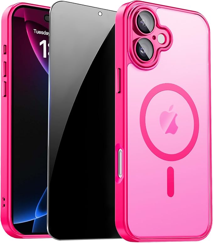 Magnetic for iPhone 17 Case with Privacy Screen Protector, Hot Pink | Full Camera Protection, Compatible with MagSafe, Translucent Matte Shockproof Phone Cover for iPhone 17 Women Girls by ZOZDOKG