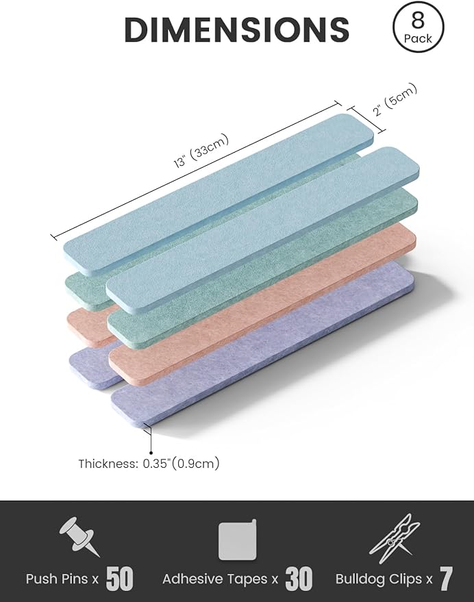 Fluxynara 13" x 2" Felt Wall Panels, Coastal Haze | 8-Pack Includes 50 Push Pins and Adhesive Tabs for Photos, Notes and Decor in Bedroom Doors, Home Office or Studios - Image 2