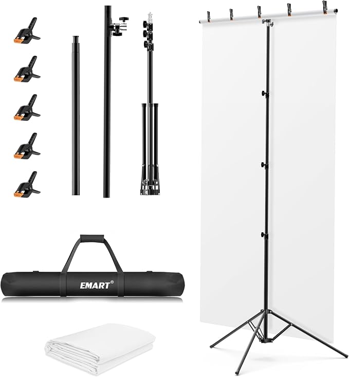 EMART 5 * 10ft White Photo Backdrop Stand Kit with T-Shape Stand | Portable lightweight T-shaped metal stand for easy setup，suitable for portrait photography, live streaming, content recording by EMART