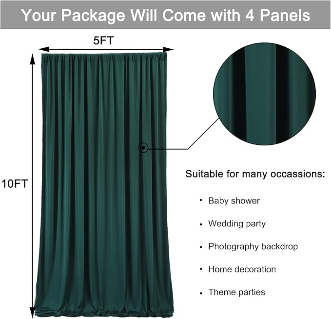 20ft x 10ft Wrinkle Free Hunter Green Backdrop Curtains for Parties, 4 Panels 5x10ft Polyester Green Photo Backdrop Drapes for Wedding Party Jungle Birthday Photography Background - Image 7