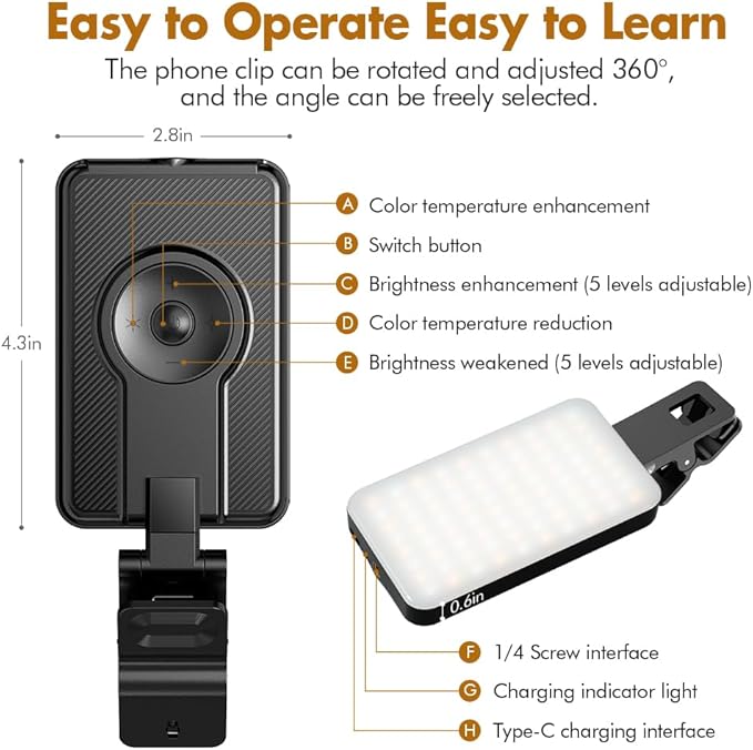 Selfie Light for iPhone,Portable Phone Clip on Light,Rechargeable LED Ring Light for Phone,Video Recording,Camera,Laptop,TikTok,Tablet,Vlog,Computer,5 Lighting Modes,80 LED High Power - Image 6