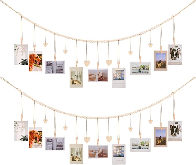 KLOGTSIND Hanging Photo Display with Clips, Wood Bead String Photo Banner | 9 Wooden Clips, Boho Picture Frames Collage Wall Decor, Photo Hanger for Bedroom, Office, Dorm Decor by KLOGTSINDDirect