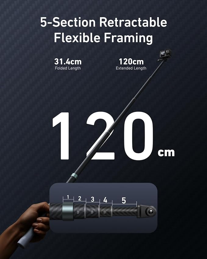 TELESIN 120cm/47.2in Invisible Selfie Stick for GoPro DJI Insta360 | Carbon Fiber Waterproof Long Pole for DJI Osmo Nano Action 6 5 Pro 4 Pocket 4 3 GoPro 13-5 Insta360 Luna Ultra X5 Xtra Muse - Image 4