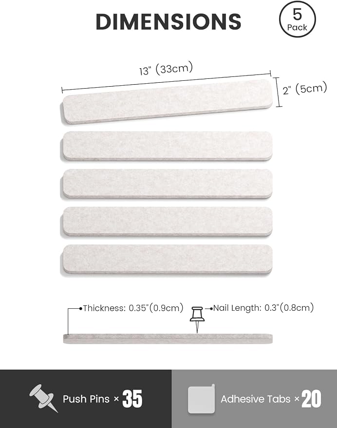 Fluxynara 13" x 2" Felt Wall Panels, Oatmeal | 5-Pack Includes 35 Push Pins and Adhesive Tabs for Photos, Notes and Decor in Bedroom Doors, Home Office or Studios - Image 2
