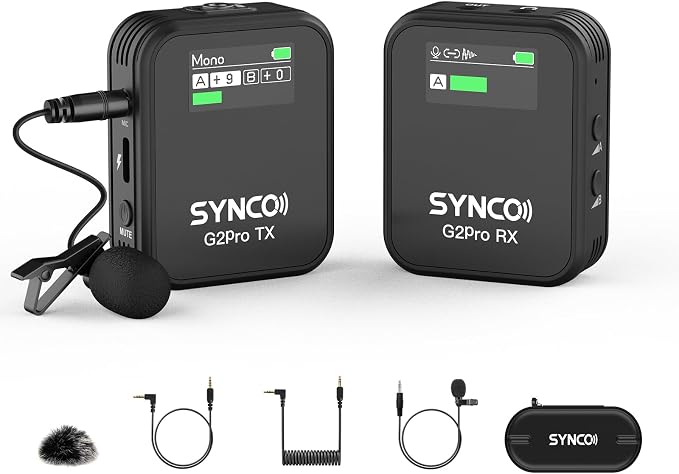 SYNCO Wireless Lavalier Microphone 2.4G Lav Mic with Charging Case 656FT 8H for Online Class Live Streaming YouTube for Camera Smartphone Tablet (1TX+1RX(with Display+8GB) by SYNCO