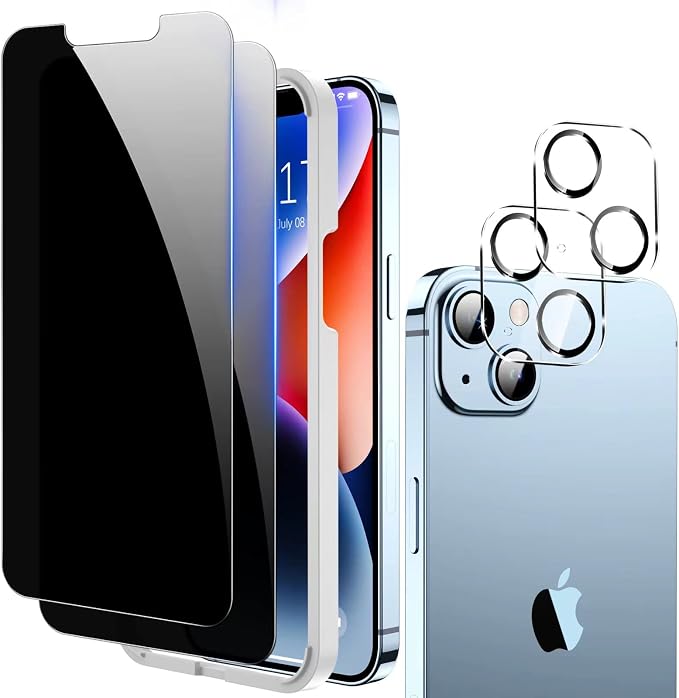 Fotbor Compatible for 2 Pack iPhone 14 Plus Privacy Screen Protector+2 Pack Camera Lens Protector, 9H Shatterproof Tempered Glass with Easy Installation Frame by Fotbor