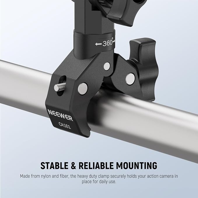 NEEWER Motorcycle Bike Handlebar Clamp Action Camera Mount, CA161 | Heavy Duty Clip Holder, 1/4" Screw, 3 Prong Adapter, Compatible with Insta 360 X5 X4 Hero 13 12, POV Video Recording, CA161 - Image 5