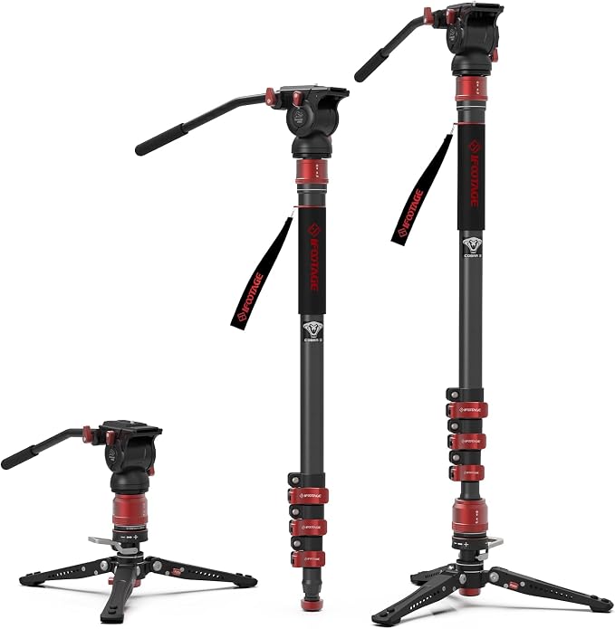 IFOOTAGE Cobra 3 Monopod with Pedal C180F-P with Fulid Head K5S,Carbon Fiber Monopod for Camera,DSLR,Minipod Base-P Pedal Lock Design Tripod,Payload up to 17.6lbs/8KG,Max. Height 71"/180cm by IFOOTAGE