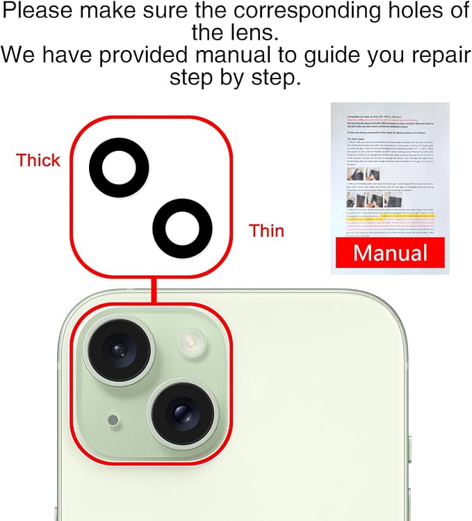 2PCS ASDAWN Back Rear Camera Lens Glass Replacement for iPhone 15 6.1-inch and 15 Plus 6.7-inch with Pre-Installed Adhesive, Back Lens Glass with Installation Manual + Repair Tool Set - Image 7