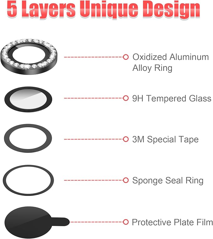 AGVEE 3+3 6 Pack for iPhone 12 & Mini & Pro Camera Lens Protector Cover | Individual Bling Diamond & Bling Glitter Sparkle Cute Gem Metal Ring, 9H Tempered HD Glass - Image 7