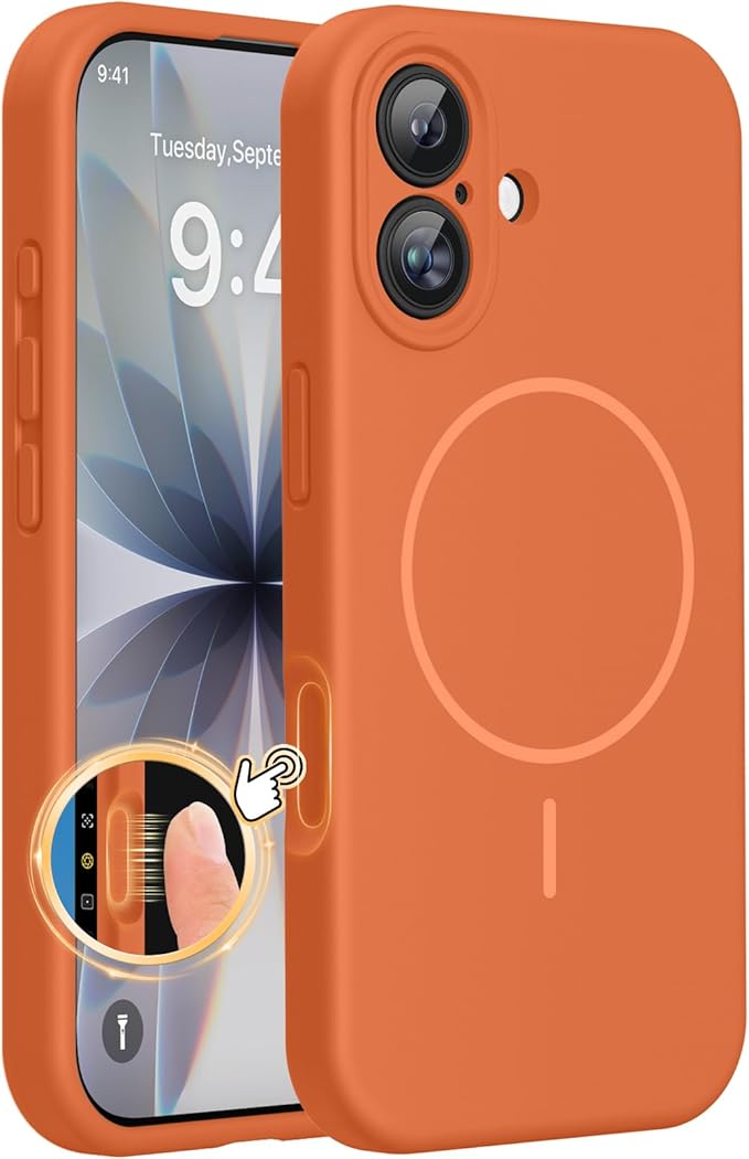 Miracase Silicone & Magnetic for iPhone 17 Case, Orange | Compatible with MagSafe, Silicone Camera Control Cover, Soft Microfiber Lining, Shockproof Drop Protection Phone Case for 17 by Miracase