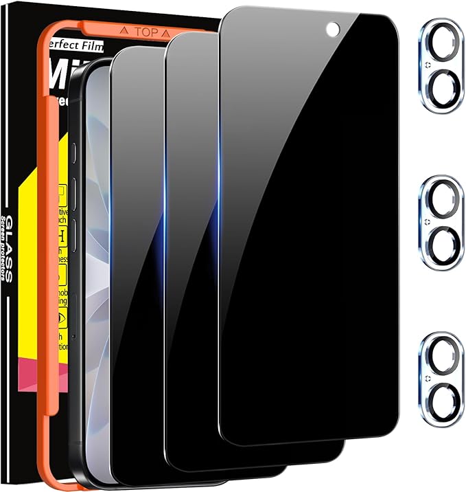 Milomdoi Privacy Screen Protector for iPhone 17, Tempered Glass | 3+3 Pack, 9H+ Hardness, Camera Lens Protector, Military Grade Shatterproof, Easy Installation, No Bubbles, Case Friendly by Milomdoi