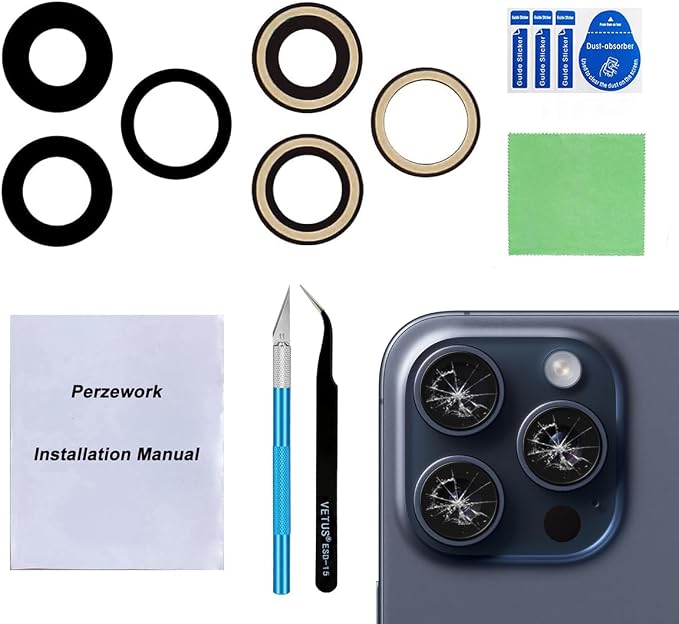 2 Set Back Rear Camera Lens Glass Replacement for iPhone 15 Pro with Reparing Toolkit by Perzework