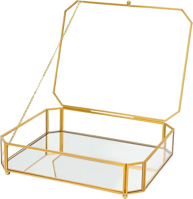 REDHUGO Large Glass Boxes for Display Handmade, Octagon, Gold | Handmade Glass Jewelry Box with Mirrored Bottom and Lid, Ideal for Trinkets, Photos, Keepsakes and Vanity Decor by REDHUGO