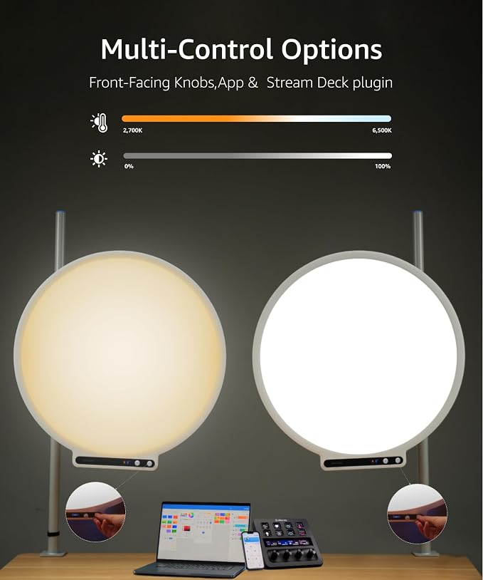amaran Verge Max LED Video Light,60W Bi-Color Panel Light White | 22in Circular Edge-lit Panel Light,APP Control Desk Clamp Stand Dimmable Desk Light Home Office Gaming Podcast Live Streaming - Image 5