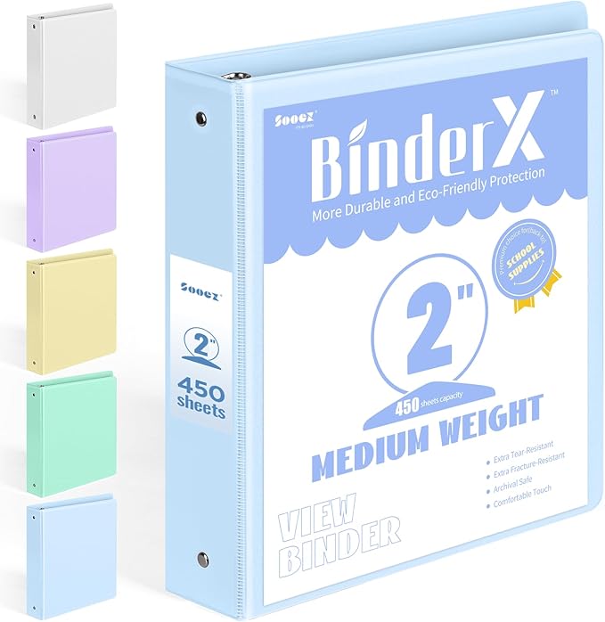 BinderX 3 Ring Binder 2 Inch, 2" Clear View Binder, Blue, Letter / A4 Size | Extra Durable, PVC-Free, Customizable, Interior Pockets, 450-Sheet Capacity, Eco-Friendly, Reinforced Hinge, School, Office by Sooez