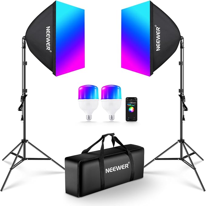 NEEWER RGB Softbox Lighting Kit with App Control & 9 Effect Modes, 2 Pack 26W FCC/IC/UL Certified LED Bulbs CRI93+ TLCI98+, E26 Porcelain Sockets, 24" Softboxes, for Studio Photography Lighting, NK800 | 9 Effects, 26W LED Bulbs, CRI93+, TLCI98+, E26 Po... by Neewer
