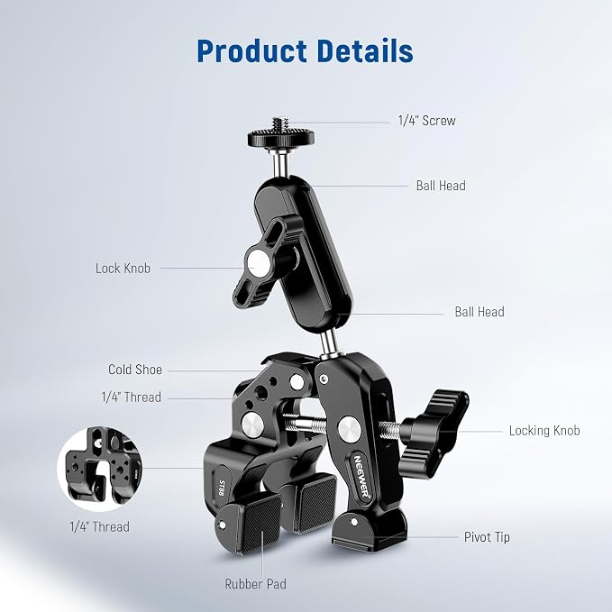 NEEWER Super Clamp with 3" Dual Ballhead Magic Arm Camera Phone Mount, ST88 | With 1/4" and 3/8" Threads, Cold Shoe, Phone Holder, Action Camera Adapter, Compatible with GoPro DJI iPhone 16 15 Pro Max - Image 7