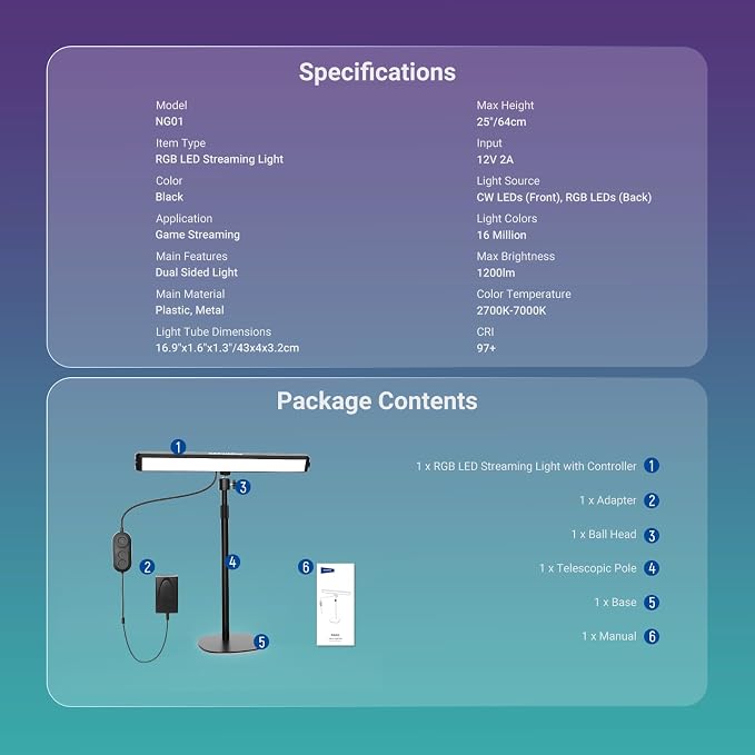 NEEWER Dual Sided RGB LED Streaming Key Light, Smart Desk Lamp Compatible with Alexa Google Assistant for Gaming Video Conference, 16 Million Colors, 2700K-7000K/CRI97+ Studio Tube Lighting, NG01 - Image 9