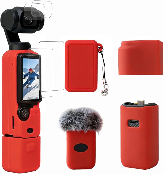 Case for DJI Osmo Pocket 3/Xtra Muse Camera, Soft Silicone Protective Case, Anti-Scratch, Slim Fit Skin with mic Cover and Screen Protector Accessories for Osmo Pocket 3/Xtra Muse (Red) by Frevyve