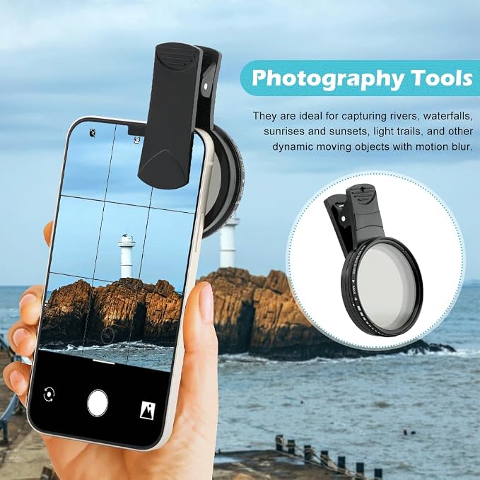 52MM Variable ND2-ND400 Filter, Clip-on Phone Lens ND Filter Kit Multi-Coated Adjustable Neutral Density Filter Compatible with iPhoneSamsung/Android Smartphones(Color:Black) - Image 4