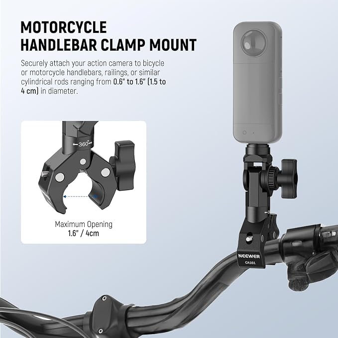 NEEWER Motorcycle Bike Handlebar Clamp Action Camera Mount, CA161 | Heavy Duty Clip Holder, 1/4" Screw, 3 Prong Adapter, Compatible with Insta 360 X5 X4 Hero 13 12, POV Video Recording, CA161 - Image 4