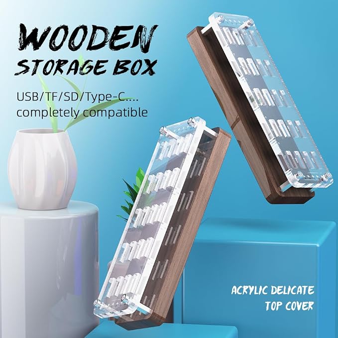 Walnut Wooden Memory Case and Storage Box - 20 USB Slots Holder Desk, Flash Disk Protection Box, Storage Racks, Digital Certificate Case-F02MY-U - Image 2