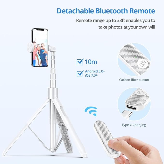 ATUMTEK 60" Selfie Stick Tripod, All in One Extendable Phone Tripod Stand with Bluetooth Remote 360° Rotation for iPhone and Android Phone Selfies, Video Recording, Vlogging, Live Streaming, White - Image 6