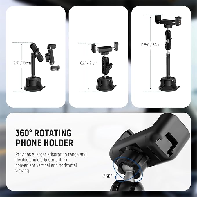 NEEWER Phone Holder for Your Car, 360° Rotating Vacuum Suction Cup Metal Cell Phone Mount Extended Magic Arm Compatible with iPhone Samsung for Windshield Skylight Navigation Video Recording, PA137 - Image 2