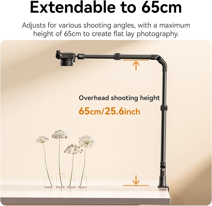 ULANZI ZJ02 Camera Desk Mount Stand Overhead Magic Articulating Arm | 98cm/38.6inch, 4-Section Adjustable, Aluminum, 1/4" Ball Head, for Cameras DSLR Lights Streaming Photo Video Shooting - Image 5