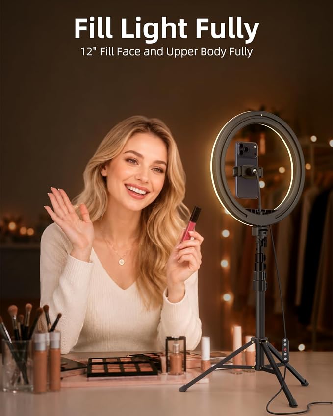 TODI 12" Ring Light with 63" extendable Tripod Stand, Selfie RingLight with Phone Holder and Selfie Remote, 2-in-1 Dimmable LED Ring Light for Makeup, Live Stream, Photography - Image 5