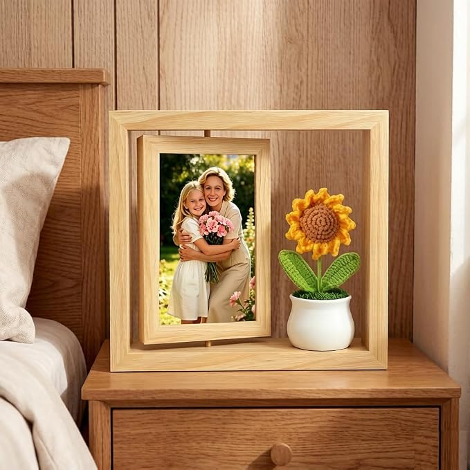 4x6 Rotating Floating Picture Frame Desktop with Crochet Sunflower, Double-Sided Display 4x6 Photos- 2026 Graduation Gift for Girls Her Teacher Sunflower Gifts for Mom Women Cute Office Desk Decor - Image 3