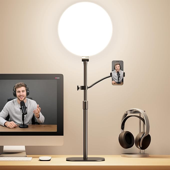 10" Full-Panel Desk Ring Light with Stand & Flexible Phone Holder, 24W 1100LM Light for Video Recording, 5 Color Modes up to 6500K, CRI 95+ for Computer, Podcast, Streaming, Zoom & Video Calls by Halluv