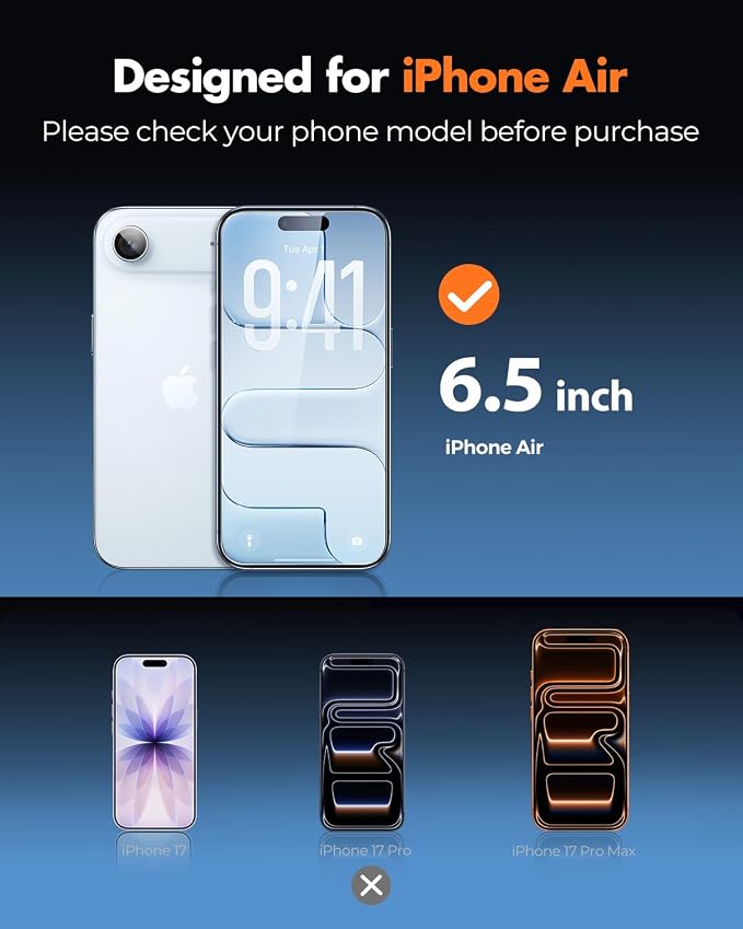 UNBREAKcable iPhone 17 Air Screen Protector & Camera Lens Protector | Upgraded Dual-Tempered Glass with Military-Grade 9H Hardness, 3-Pack,HD Clarity, Anti-Fingerprint, Case Friendly, Fits 6.5'' - Image 2