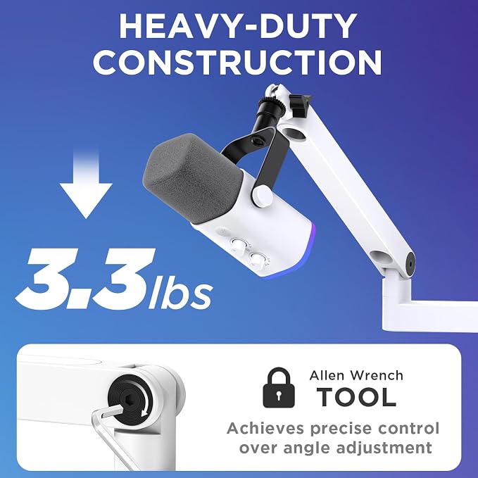 InnoGear Low Profile Mic Arm Boom Arm Microphone Stand Desk Mount, White | Multiple Adapters, 3.3 lb Weight Capacity, Fit Blue Yeit Nano, Vibration Resistant, Adjustable Angle - Image 7
