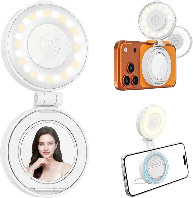 Magnetic Selfie Light, Upgraded ULANZI LM23 360° Phone Ring Light for iPhone Magsafe with Mirror & Stand, LED Phone Fill Lights for Selfies/Video Calls/Vlogging/Makeup - White by ulanzi