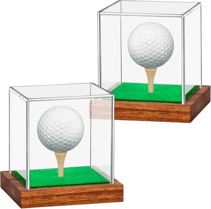 2 Pack Clear Acrylic Golf Ball Display Case with Wood Base & Tee, Memorabilia Stand Cube Holder, Dust Protection Transparent Storage Box for Single Ball Souvenir Golfball Collections by Hxezoc
