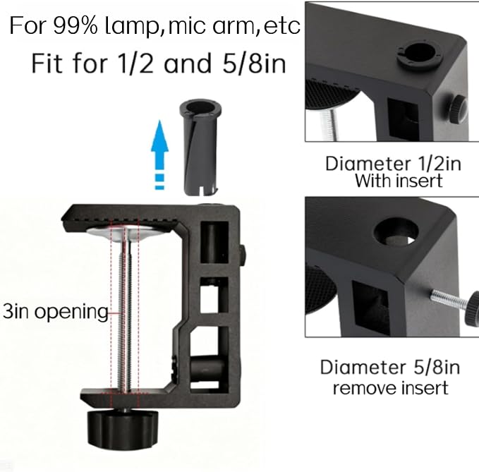 Replacement Heavy Duty C Clamp for 1/2” and 5/8” Hole Base Magnifying Lamp,Desk Lamp,Swing Arm Lamp,Phone I pad Mount,Tablet Mic Holder,Table Mount Clamp for Microphone Stand Mic Boom Arm (G2 BLACK) - Image 5