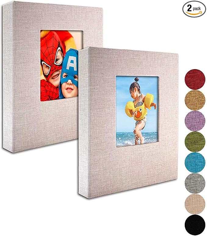 GPIRAL Small Photo Album 4x6 – Clear Pages, Linen Cover with Front Window, Pack of 2, Each Album Holds 52 Photos, Small Brag Book for 4x6 Pictures, Beige Fabric by GPIRAL