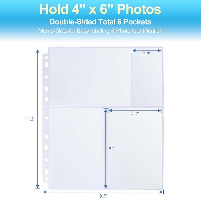 60 Pack 4x6 Photo Album Refill Pages for 3 Ring Binder,Ultra-Clear Photo Sleeves Holding 360 Pictures, Double-Sided 3 Pockets Photo Pages with Memo Slot,Photo Sheet Protector for Photos and Postcards - Image 2