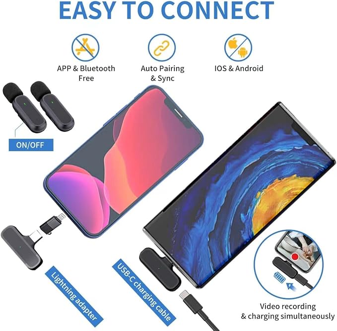 2 Pack Professional Wireless Lavalier Microphone for iPhone iPad Android with Charging Case Noise Reduction Plug-Play Clip on Lapel Mic for Video Recording Vlogging, YouTube, Interview, Live Streaming - Image 6
