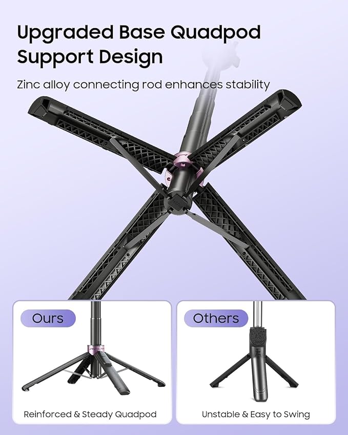 53" Selfie Stick Tripod with Dual Fill Lights and 4-Leg Base | Enhanced 4-leg Steady Base, Rechargeable Wireless Remote control, 2 Fill Lights, Travel Essentials for iPhone Android - Image 7