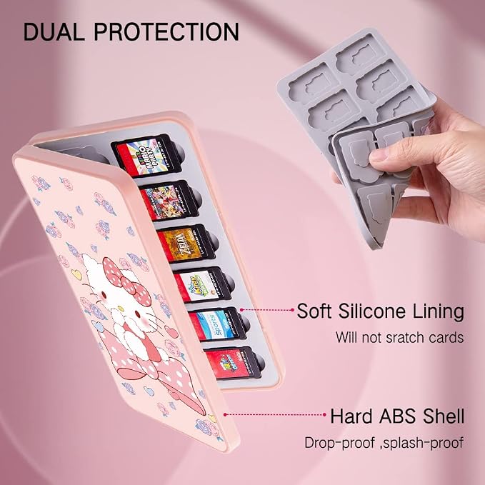 PERFECTSIGHT Cute Game Card Case for Nintendo Switch/ Switch Lite/ OLED, 24 Game Holder Cartridge Case for Game Cards and 24 SD Cards, Kawaii Portable Compact Storage Box (Rose Kitty, 24 Slots) - Image 5