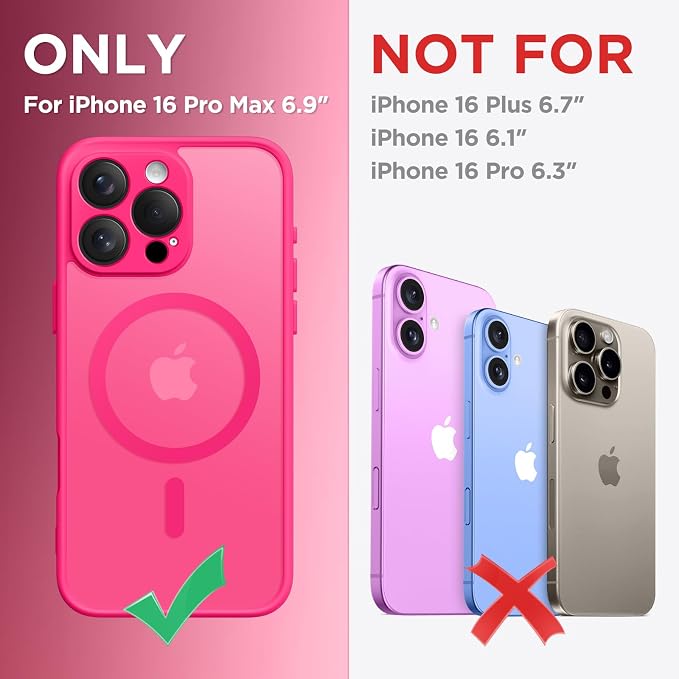 CAPRARO for iPhone 16 Pro Max Case, Compatible with MagSafe Hot Pink | Upgraded [Full Camera Protection] Protective Translucent Matte Women Girl Magnetic Phone Case Cover, Hot Pink - Image 2